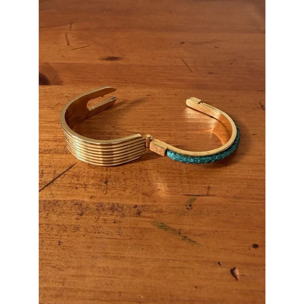 Gold Tone Hinged Cuff Bracelet with Turquoise Inlay Bohemian Statement Preowned - Picture 11 of 16